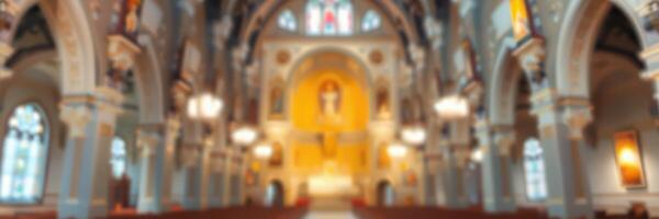 Beautiful interior of an ornate church featuring intricate architecture and warm lighting during a serene worship service photo