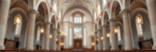 Stunning interior of an old church showcasing its architectural beauty and soft lighting during a quiet afternoon photo