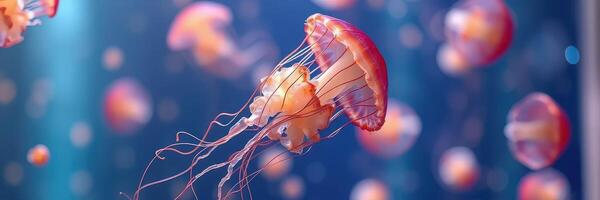 Colorful jellyfish gracefully swim in an aquarium with vibrant lighting during an evening exhibit photo