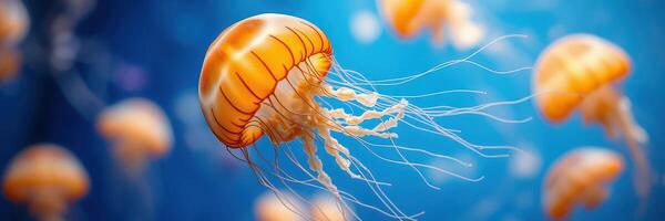 Colorful jellyfish floating gracefully in vibrant blue ocean waters photo