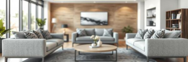 Elegant modern living room featuring comfortable furniture and stylish decor in a bright, airy space photo