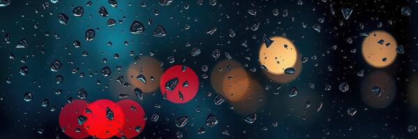 Raindrops on a window create a blurred view of city lights at night during a rainy evening photo