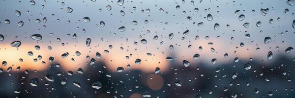 Rain droplets on a window with a blurred city skyline and twilight colors in the background photo