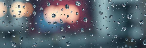 Raindrops on a window create a serene atmosphere during a rainy evening in an urban setting photo
