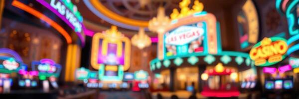 Bright neon lights illuminate a vibrant Las Vegas casino floor at night creating an exciting atmosphere for visitors photo