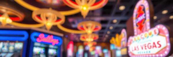 Bright neon lights illuminate a bustling casino floor in Las Vegas filled with colorful signs and excited visitors during the night photo