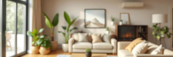 Cozy interior of a modern living room with plants and natural light highlighting a comfortable space photo