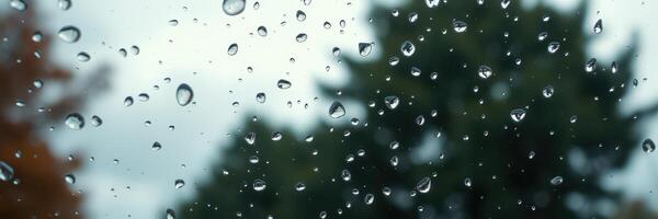 Raindrops collect on a window while trees sway gently in the background during a cloudy day photo