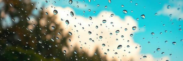 Rain droplets on window glass with a blue sky and clouds in the background during early afternoon photo