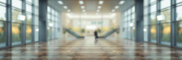 Modern lobby interior with escalators and a single figure in a spacious, bright environment photo