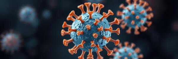 Microscopic view of a coronavirus depicted in vibrant detail highlighting its structure and surface features in a dark background photo