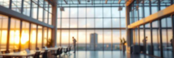 Corporate team collaborates in modern office space during sunset hours with city skyline view photo