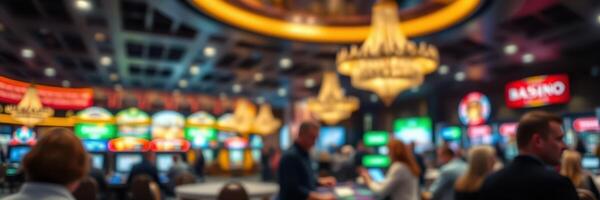 Exciting atmosphere in a bustling casino filled with vibrant slot machines and elegant chandeliers during evening hours photo