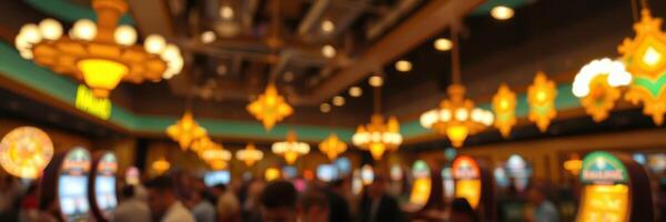 Vibrant atmosphere in a bustling casino with glowing lights and eager players experiencing excitement at game machines photo