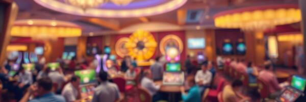 People engaging in various activities inside a vibrant casino during an evening with bright lights and colorful slot machines photo