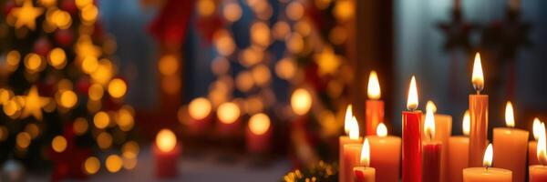 Candles glowing in a festive setting with Christmas lights twinkling in the background during a cozy holiday celebration photo