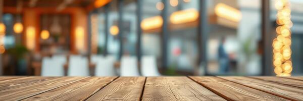 Wooden table in a cozy cafe setting with blurred background and warm decor photo