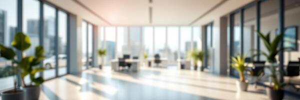 Modern office space with large windows offering city views and abundant natural light during daytime photo