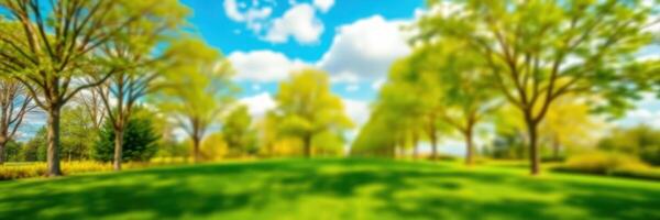 Lively green landscape with trees under a bright blue sky during a sunny day in springtime photo