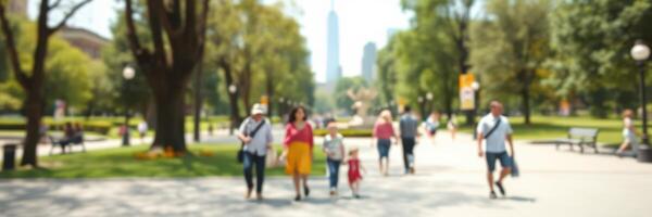 Families enjoy a sunny day walking through a vibrant city park with tall buildings in the background photo
