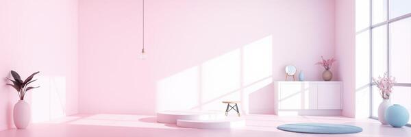 Bright and airy pink interior space with natural light and minimal decor photo