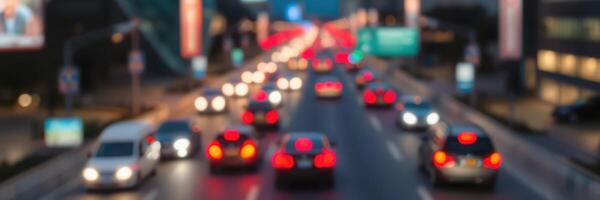 Evening traffic flows steadily along a busy urban street as city lights illuminate the scene photo