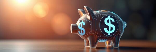 Brightly lit piggy bank with digital dollar signs reflecting modern financial themes photo