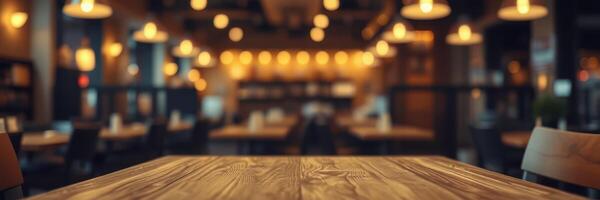 Cozy dining area with warm lighting and wooden tables at a popular restaurant photo
