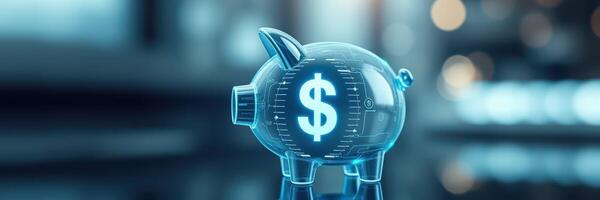 Digital piggy bank with illuminated dollar sign representing modern savings and financial planning photo