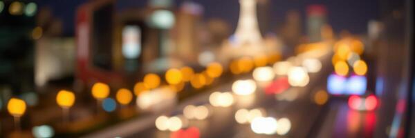 City skyline at night with blurred lights highlighting urban atmosphere and vibrant nightlife elements photo