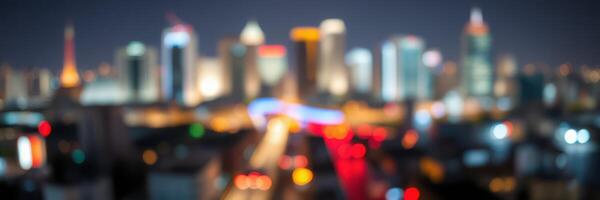 City skyline illuminated at night with blurred lights creating a vibrant urban atmosphere photo