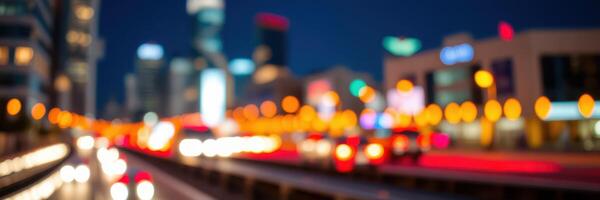City at night illuminated by street lights and moving traffic in a vibrant urban landscape photo