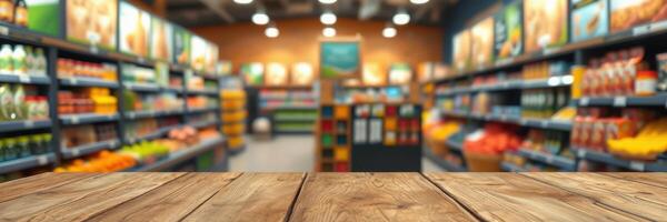 Grocery store interior with colorful shelves and wooden countertop during daytime shopping hours photo