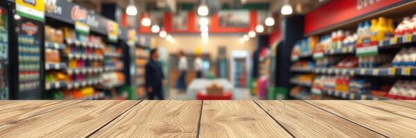 Grocery store interior with wooden table in foreground during busy shopping hours showcasing various products photo