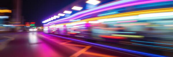Vibrant city lights create dynamic motion blur during nighttime urban transit experience photo