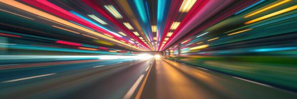 Colorful light streaks capture dynamic movement on a busy city street at night photo