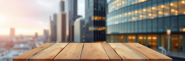 Urban skyline view with wooden table in foreground during sunset photo