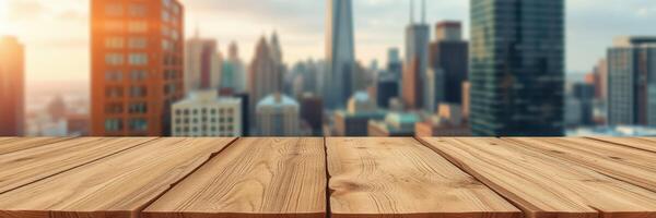 View of a city skyline from a wooden table at sunset surrounded by towering buildings and a vibrant atmosphere photo