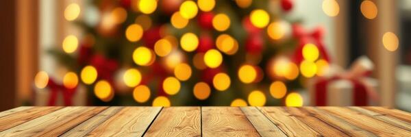 Warm wooden table in front of softly illuminated Christmas tree with colorful lights and gifts in a cozy indoor setting photo