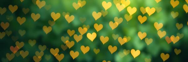 Warm golden hearts create a beautiful bokeh effect against a green background during springtime photo