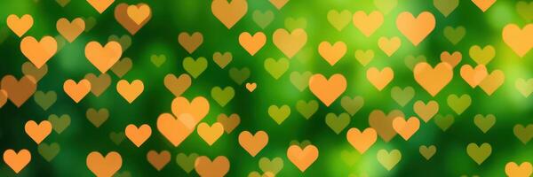Vivid hearts in warm orange hues create a cheerful atmosphere against a lush green background photo
