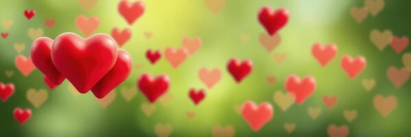 Floating red hearts create a romantic atmosphere in a blurred green background with soft lighting photo