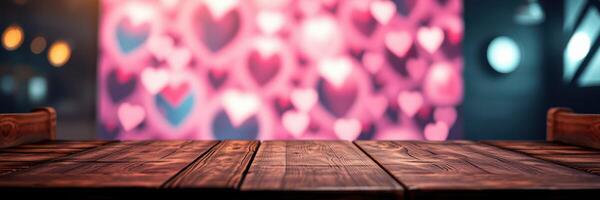Romantic setting with wooden table and heart decorations in soft lighting photo