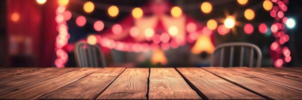 Festive gathering with colorful lights and wooden table in a cozy atmosphere during a nighttime celebration photo