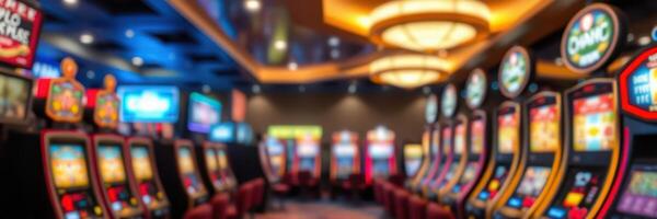 Vibrant gaming area in a busy casino with numerous slot machines and colorful lights photo