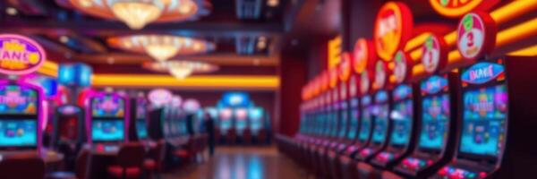 Bright and colorful interior of a casino with multiple slot machines and vibrant lights photo