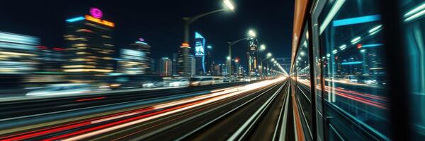 Nighttime cityscape viewed from a moving train with illuminated skyscrapers and light trails photo