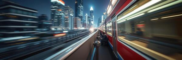 City train travels through urban landscape at night with illuminated skyscrapers in the background photo