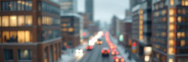 Urban winter evening with blurred city lights and traffic in a metropolitan setting photo