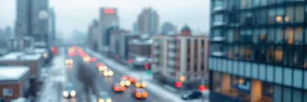 Cityscape during winter evening commute with blurred traffic and buildings in urban downtown area photo